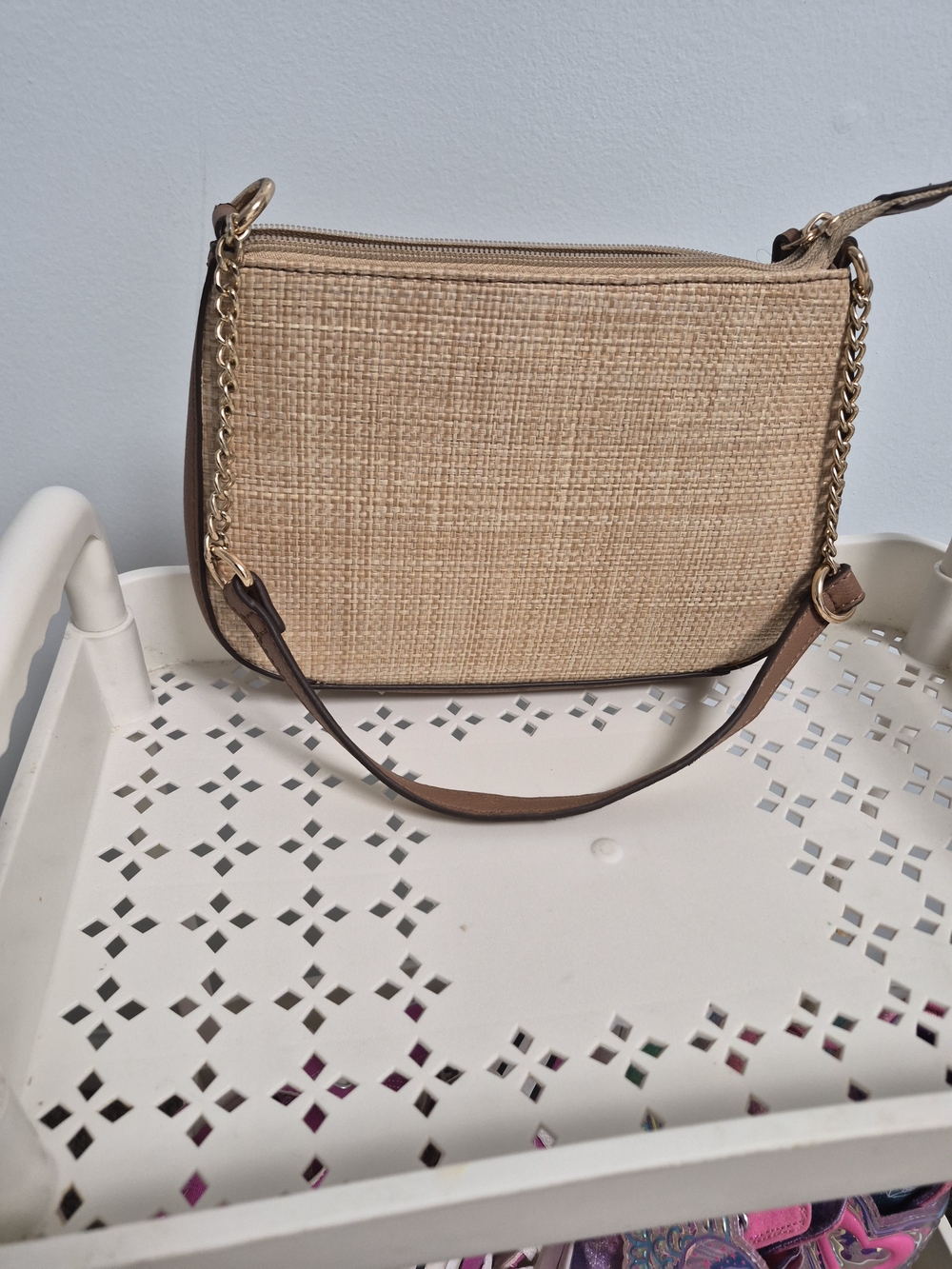 Woven Straw Shoulder Bag with Gold Chain & Tan Trim